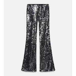 Zara Black and Silver Sequin Stretch Flared Pull-On Trouser/pants, Sz:M